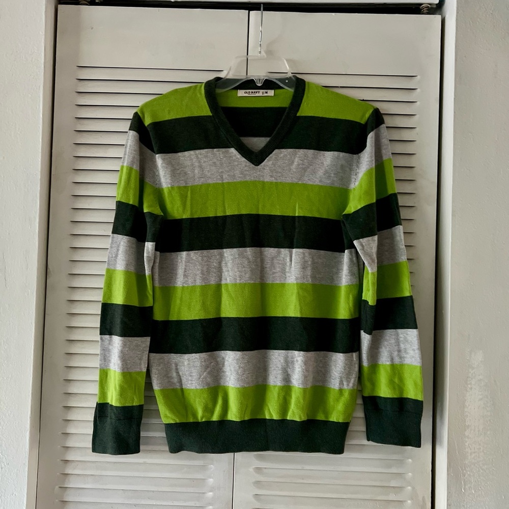Old Navy Green and Gray Striped V-Neck Sweater